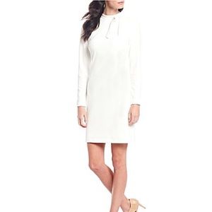 Calvin Klein Tie Neck Scuba Crepe White Dress With Bow